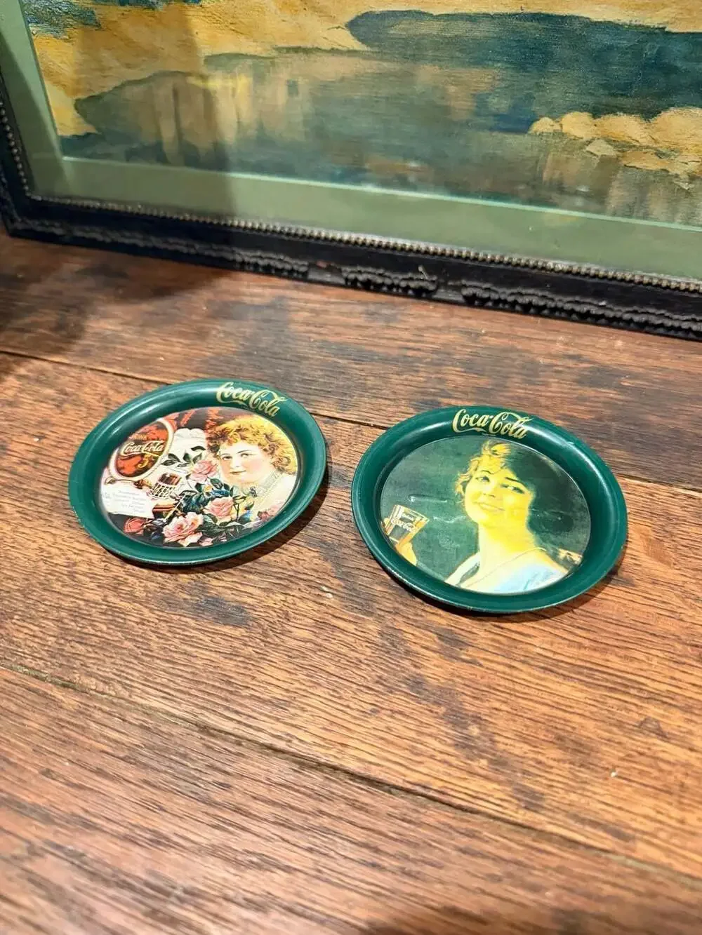 Vintage 1983 Ohio Art Coca-Cola Metal Tin Coaster Mini Tray Set of 2